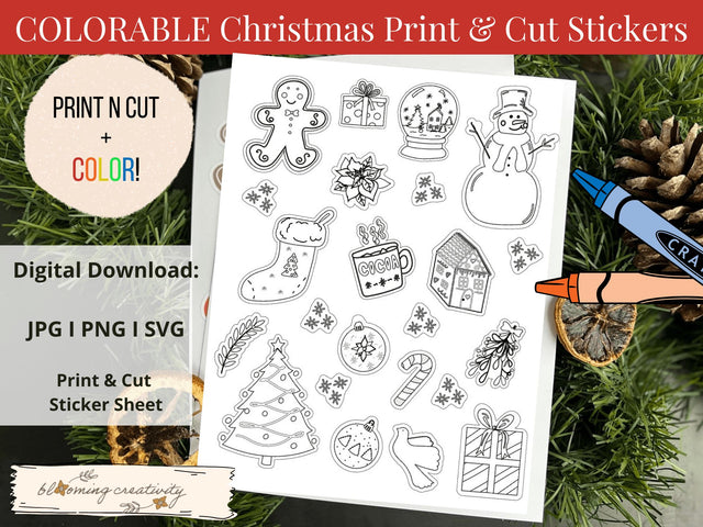 Colorable Christmas Print and Cut Sticker Sheet SVG Alexis Glenn 