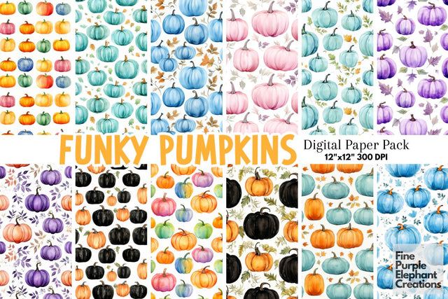 Colored Pumpkins | Boho Watercolor Halloween Digital Pattern Fine Purple Elephant Creations 