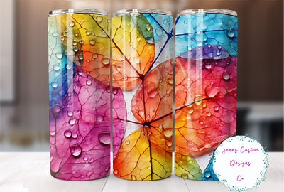 Colorful Autumn Leaves with Raindrops 20 oz Skinny Tumbler Sublimation Design Digital Download PNG Instant DIGITAL ONLY, Straight tumbler wrap. Sublimation Jenn Driscoll 