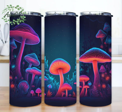 Colorful Beautiful Mushrooms Landscape In Neon Bright 20oz Skinny Tumbler Png, Mushrooms Landscape Tumbler, Neon Bright Colors Mushrooms Tumbler Sublimation AdriOP 