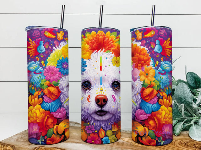 Colorful Bichon Frise 20oz Skinny Tumbler Png, Bichon Frise Vibrant Colorful Tumbler, Cute Dog Bichon Frise Tumbler, Blossom Flowers Png, Bichon Frise Tumbler Wrap Sublimation iStyleDesign 