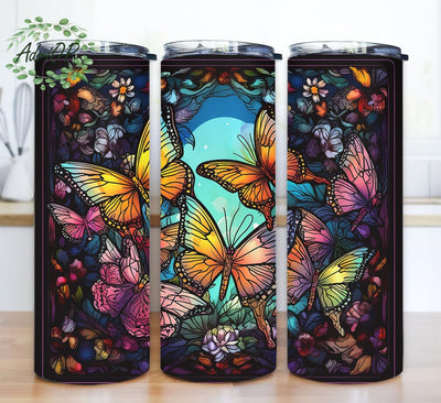 Colorful Butterflies 20oz Skinny Tumbler Png, Beautiful Butterfly Neon Framed With Vector Flowers Tumbler, Tumbler Wrap Floral Spring Flowers, Flowers Butterflies Tumbler Sublimation AdriOP 