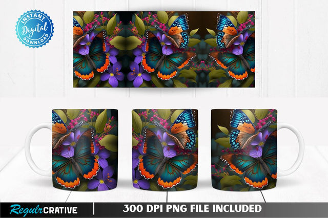 Colorful Butterfly Flowers 11, 12 & 15 Oz Mug Sublimation Sublimation Regulrcrative 