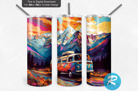 Colorful Camping Car Mountain 20 oz / 30 oz Skinny Tumbler Sublimation Regulrcrative 