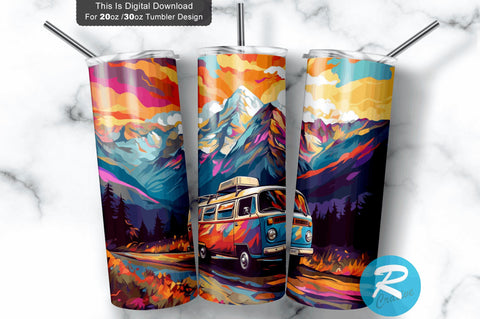 Colorful Camping Car Mountain 20 oz / 30 oz Skinny Tumbler Sublimation Regulrcrative 