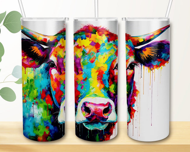 Colorful Cow 20oz Skinny Tumbler Png, Cow Portrayed With Canvas Png, Bright Highland Cow Tumbler, Highland Cow Farm Tumbler, Cute Baby Highland Cow Colorful Png Sublimation sassyprint 