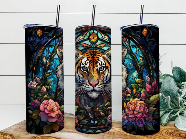 Colorful Cute Baby Tiger 20oz Skinny Tumbler Png, Colorful Cute Baby Tiger Framed Vector Flowers, Cute Colorful Animal Tumbler, Tiger Flowers Tumbler Sublimation iStyleDesign 