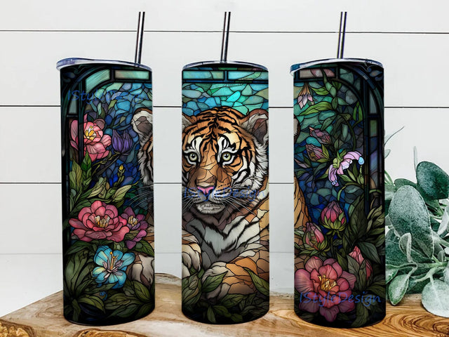 Colorful Cute Baby Tiger 20oz Skinny Tumbler Png, Colorful Cute Baby Tiger Framed Vector Flowers, Cute Colorful Animal Tumbler, Tiger Flowers Tumbler Sublimation iStyleDesign 