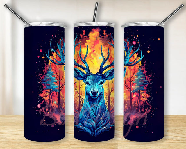 Colorful Deer Background Trees 20oz Skinny Tumbler Png, Colorful Landscape Deer Tumbler Wrap Png, Neon Rainbow Alcohol Ink, Neon Colorful Deer Forest Png Sublimation BouDesign 