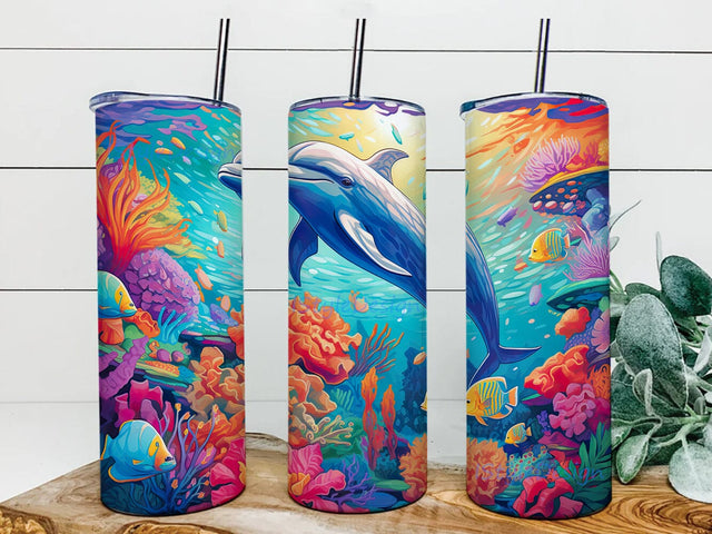 Colorful Dolphins In The Ocean With Coral Reef 20oz Skinny Tumbler Png, Colorful Dolphins Png, Coral Reef Png, Colorful Dolphins Landscape Tumbler, Animal Tumbler Wrap Sublimation iStyleDesign 