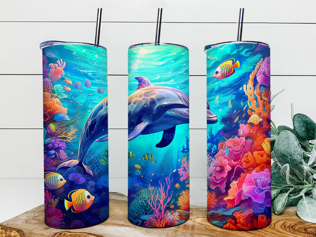 Colorful Dolphins In The Ocean With Coral Reef 20oz Skinny Tumbler Png, Colorful Dolphins Png, Coral Reef Png, Colorful Dolphins Landscape Tumbler, Animal Tumbler Wrap Sublimation iStyleDesign 