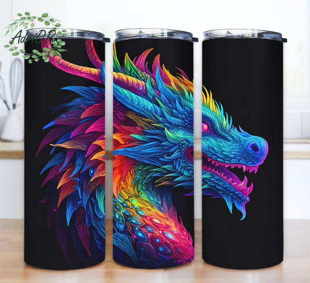 Colorful Dragon Dark Background 20oz Skinny Tumbler Png, Neon Dragon Dark Background Tumbler, Alcohol Ink Dragon Png, Frank Bright Colorful Tumbler Sublimation AdriOP 