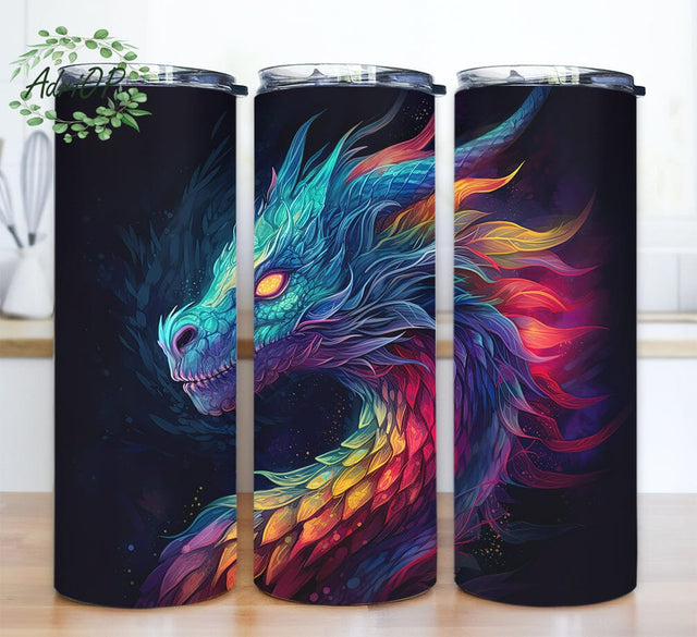Colorful Dragon Dark Background 20oz Skinny Tumbler Png, Neon Dragon Dark Background Tumbler, Alcohol Ink Dragon Png, Frank Bright Colorful Tumbler Sublimation AdriOP 