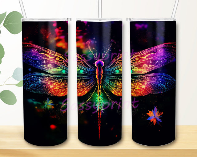 Colorful Dragonfly 20oz Skinny Tumbler Png, Beautiful Rainbow Colors Dragonfly Png, Dragonfly Rainbow Neon Sublimating Png, Dragonflies Watercolor Rainbow Png Sublimation sassyprint 