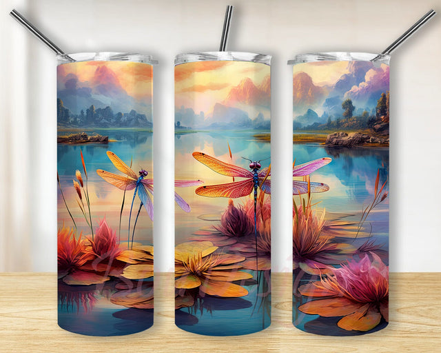 Colorful Dragonfly Lotus 20oz Skinny Tumbler Png, Dragonflies Lotus Flower Stainless, Colorful Dragonflies Tumbler, Floral Dragonfly Mountain Png, Dragonfly Lover Sublimation BouDesign 