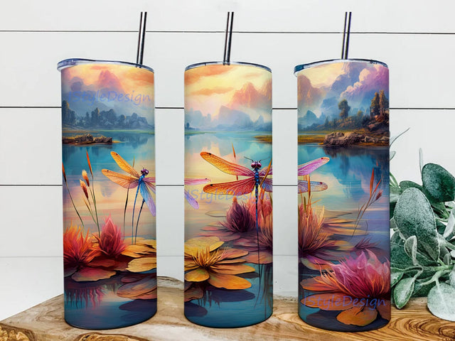 Colorful Dragonfly Lotus 20oz Skinny Tumbler Png, Dragonflies Lotus Flower Stainless, Colorful Dragonflies Tumbler, Floral Dragonfly Tumbler Png, Dragonfly Lover Sublimation iStyleDesign 