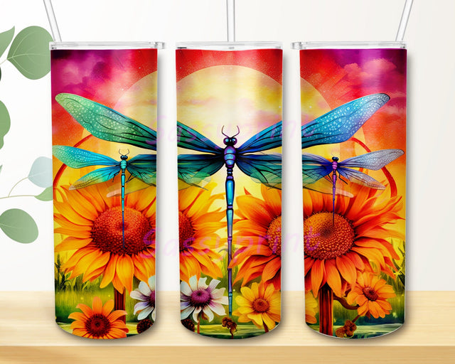 Colorful Dragonfly Sunflower 20oz Skinny Tumbler Png, Rainbow Sunflower Flower Dragonfly Tumbler, Colorful DragonfliesTumbler Png, Flowers Tumbler, Dragonfly Lover Sublimation sassyprint 