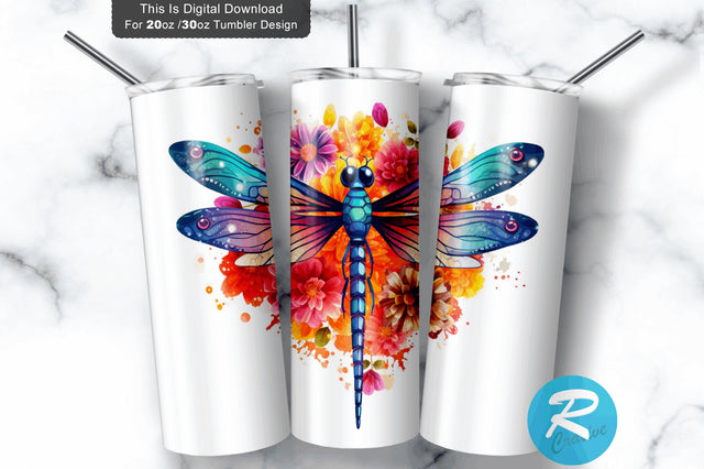 Colorful Floral Dragonfly 20 Oz / 30 Oz Tumbler PNG Sublimation Regulrcrative 