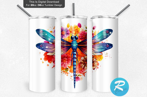 Colorful Floral Dragonfly 20 Oz / 30 Oz Tumbler PNG Sublimation Regulrcrative 