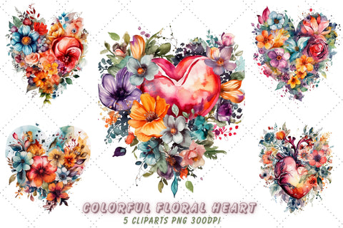 Colorful Floral Heart Watercolor Clipart Bundle, Sublimation, Floral Heart Sublimation FloridPrintables 