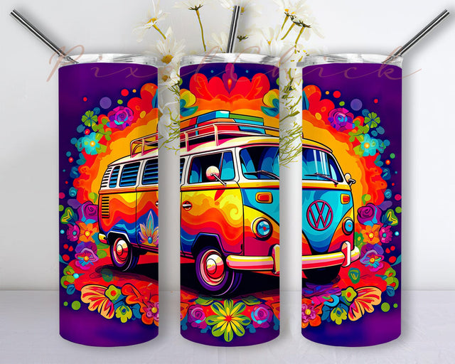 Colorful Flowers Bus 20oz Skinny Tumbler Png, Hippie Van Tumbler, Van Sublimation, Retro Van Sublimation, Camper Van, Colorful Bus Tumbler, Bus Flowers Tumbler Sublimation PixelChick 