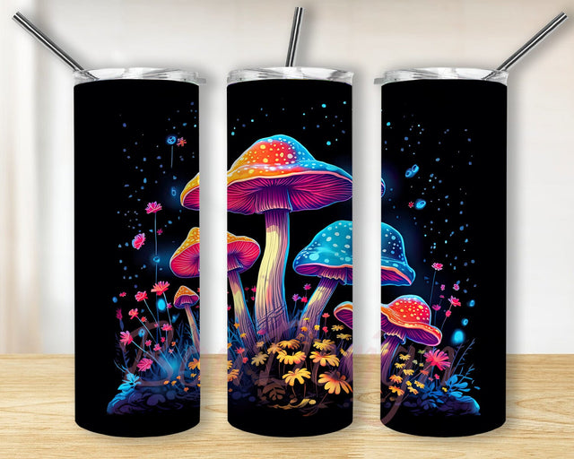 Colorful Fluorescent Mushroom Black And White Background 20oz Skinny Tumbler Png, Neon Psychedelic Mushroom Tumbler, Mushroom Tumbler Png, Sublimation Instant Download Sublimation BouDesign 