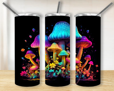 Colorful Fluorescent Mushroom Black And White Background 20oz Skinny Tumbler Png, Neon Psychedelic Mushroom Tumbler, Mushroom Tumbler Png, Sublimation Instant Download Sublimation BouDesign 