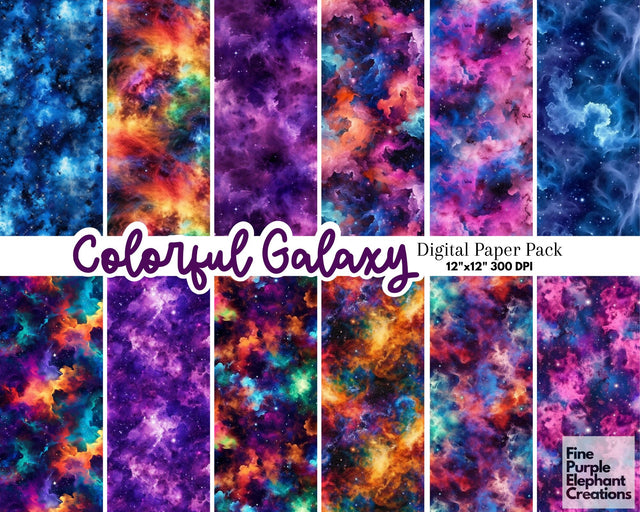 Colorful Galaxy Digital Paper | Vibrant Cosmic Scrapbook Digital Pattern Fine Purple Elephant Creations 