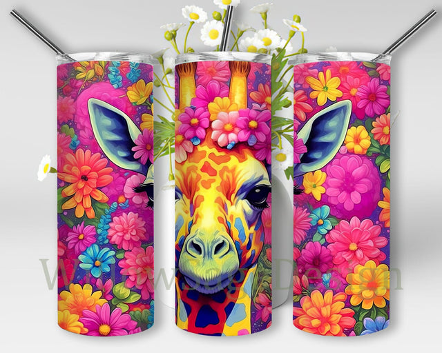 Colorful Giraffe Flowers 20oz Skinny Tumbler Png, Cute Baby Giraffe Flowers Png, Stained Glass Giraffe Tumbler Wrap Png, Giraffe Pink Flower Tumbler Wrapped Sublimation WillowSageDesign 
