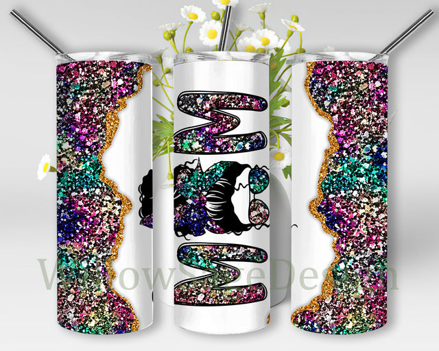 Colorful Glitter Mom Full Tumbler Wrap, Messy Bun Mom Gliiter 20oz Skinny Tumbler, Mother's Day Design Tumbler Template, Mom Glitter Sublimation Design for Straight, Instant Download Sublimation WillowSageDesign 