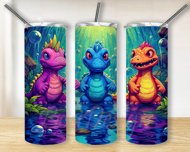 Colorful Group Of Dinosaurs 20oz Skinny Tumbler Png, Colorful Dinosaurs Tumbler, Neon Colors Three Dinosaurs Png, Three Cartoon Baby Dinosaurs Png, Watercolor Dinosaurs Tumbler Sublimation BouDesign 