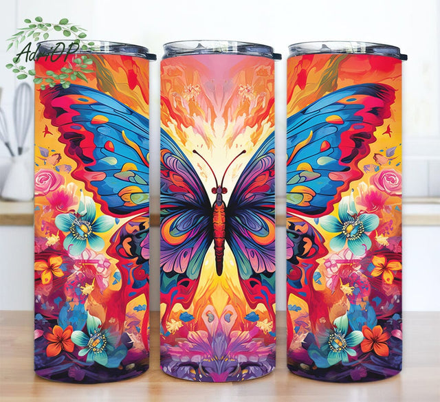 Colorful Large Butterfly 20oz Skinny Tumbler Png, Wings Spread Tumbler, Colorful Butterfly Tumbler, Colorful Butterfly Flowers Tumbler, Butterfly Sublimation Design Sublimation AdriOP 