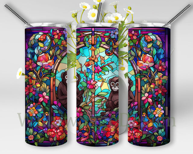 Colorful Monkey 20oz Skinny Tumbler Png, Beautiful Monkey With Vector Flowers Tumbler, Tumbler Wrap Floral Spring Flowers, Monkey Flowers Tumbler Sublimation WillowSageDesign 