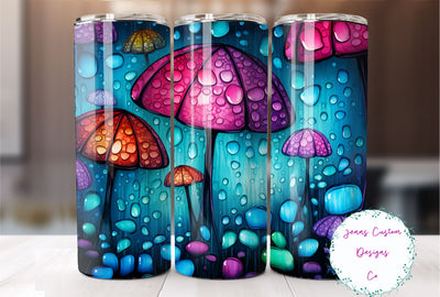 Colorful Mushrooms and Raindrops 20 oz Skinny Tumbler Sublimation Design Digital Download PNG Instant DIGITAL ONLY, Straight tumbler wrap. Sublimation Jenn Driscoll 