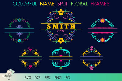 Colorful name split floral frames. SVG Arts By Naty 
