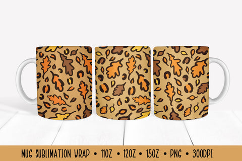 Colorful Oak Leaves Mug Sublimation. Fall Leopard Mug Wrap Sublimation LaBelezoka 