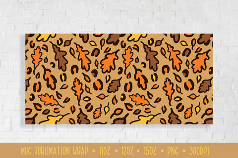 Colorful Oak Leaves Mug Sublimation. Fall Leopard Mug Wrap Sublimation LaBelezoka 