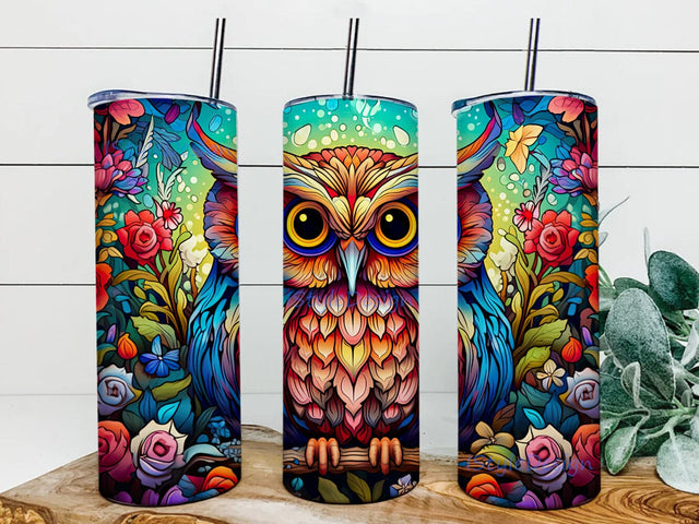 Colorful Owl 20oz Skinny Tumbler Png, Colorful Flowers Owl Tumbler, Colorful Owl Tumbler, Rainbow Owl Tumbler Template, Beautiful Colorful Owl Tumbler Sublimation iStyleDesign 