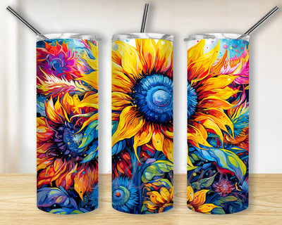Colorful Painting Of Sunflowers 20oz Skinny Tumbler Png, Surrounded By Colorful Patterns Png, Colorful Sunflowers Tumbler, Tie Dye Colorful Sunflower Tumbler Designs Sublimation BouDesign 