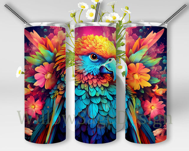 Colorful Parrots 20oz Skinny Tumbler Png, Tropical Floral Tumbler, Embroidered Parrot Tumbler Wrap, Tapered Floral Bird Full Wrap, Parrot Floral Tumbler Sublimation WillowSageDesign 