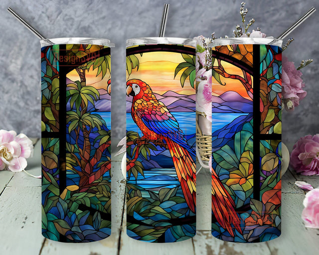 Colorful Parrots 20oz Skinny Tumbler Sublimation Design, Vibrant Parrots Tropical Wildflowers Tumbler, Hawaiian Tropical Tumbler, Tropical Flower Summer Tumbler Sublimation DesignSVG 