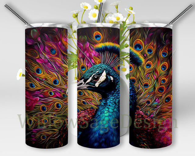 Colorful Peacock 20oz Skinny Tumbler Png, Beautiful Peacock Tumbler, Colorful Stained Glass Peacock, Colorful Rainbow Peacock Tumbler Sublimation WillowSageDesign 