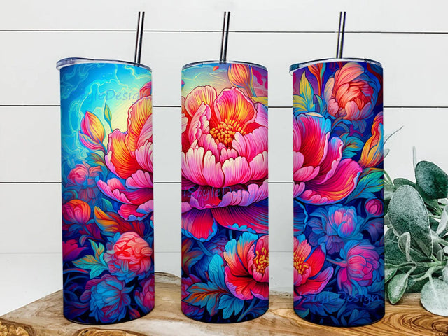 Colorful Peonies 20oz Skinny Tumbler Png, Colorful Floral Tumbler, Floral Tumbler, Peonies Tumbler, Neon Floral Purple Tumbler, Colorful Rainbow Peonies Flowers Png Sublimation iStyleDesign 