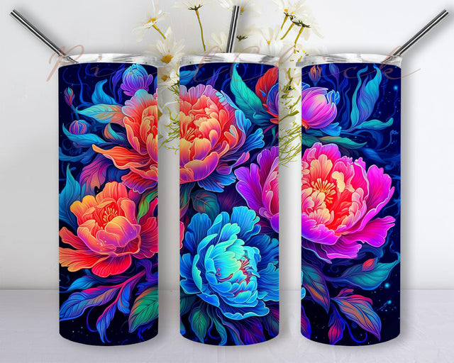 Colorful Peonies 20oz Skinny Tumbler Png, Colorful Floral Tumbler, Floral Tumbler, Peonies Tumbler, Neon Floral Purple Tumbler, Colorful Rainbow Peonies Flowers Png Sublimation PixelChick 