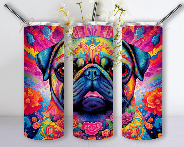 Colorful Pug Flowers 20oz Skinny Tumbler Png, Noen Pug Tumbler, Colorful Pug Tumbler, Rainbow Pug Tumbler Design, Pug Lover Gift, Colorful Floral Tumbler Sublimation PixelChick 