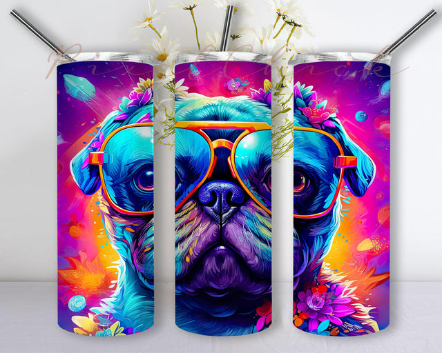 Colorful Pug Puppy Wearing Glasses 20oz Skinny Tumbler Png, Noen Pug Tumbler, olorful Pug Tumbler, Rainbow Pug Tumbler Design, Pug Lover Gift Sublimation PixelChick 