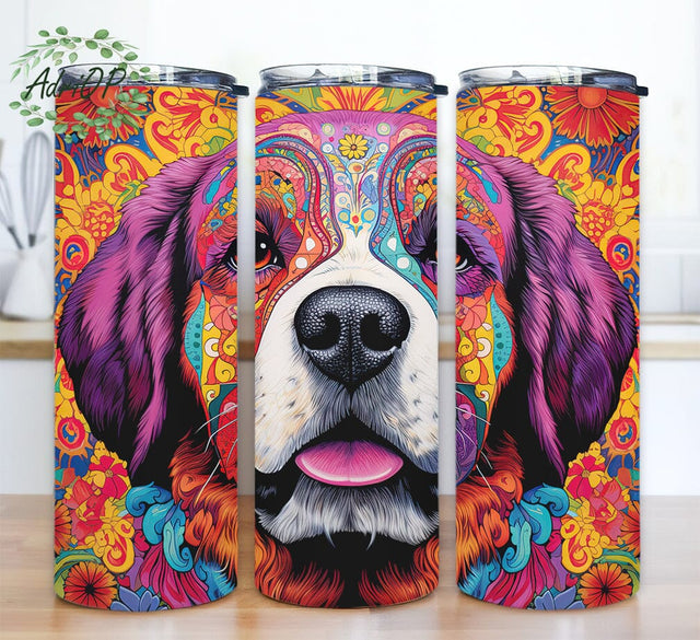 Colorful Saint Bernard 20oz Skinny Tumbler Png, Cute Colorful Saint Bernard Beach Scene Png, Floral Tumbler Png, Dog With Flowers, Instant Download Png File Sublimation AdriOP 