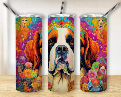 Colorful Saint Bernard 20oz Skinny Tumbler Png, Cute Colorful Saint Bernard Tumbler, Floral Tumbler Png, Dog With Flowers, Painted Colorful Cute Dog Graphic Sublimation BouDesign 