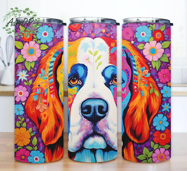 Colorful Saint Bernard Flowers 20oz Skinny Tumbler Png, Cute Colorful Saint Bernard Beach Scene Png, Floral Tumbler Png, Dog With Flowers, Instant Download Png File Sublimation AdriOP 
