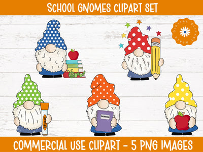 Colorful School Gnomes Clipart Set - Back to School Supplies, DIY Crafts, PNG, 300 dpi Sublimation Digital Clipart Deals 
